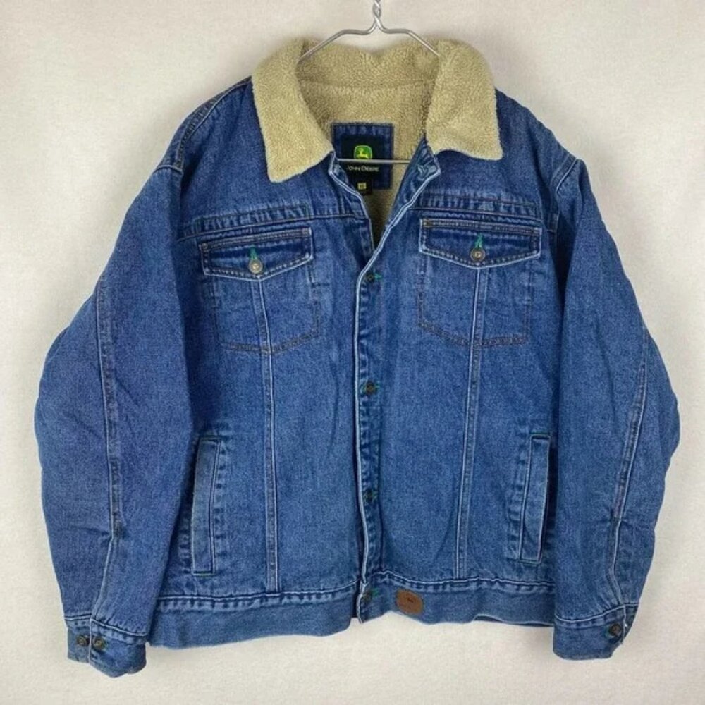 Vintage John Deere Denim Jean Jacket Sherpa Lined Mens XL Trucker Coat RARE